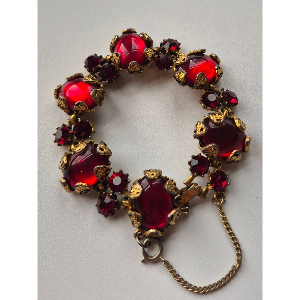 Signed Hollycraft Vintage Bracelet Red Cabochon Mid Century Jewelry Victorian